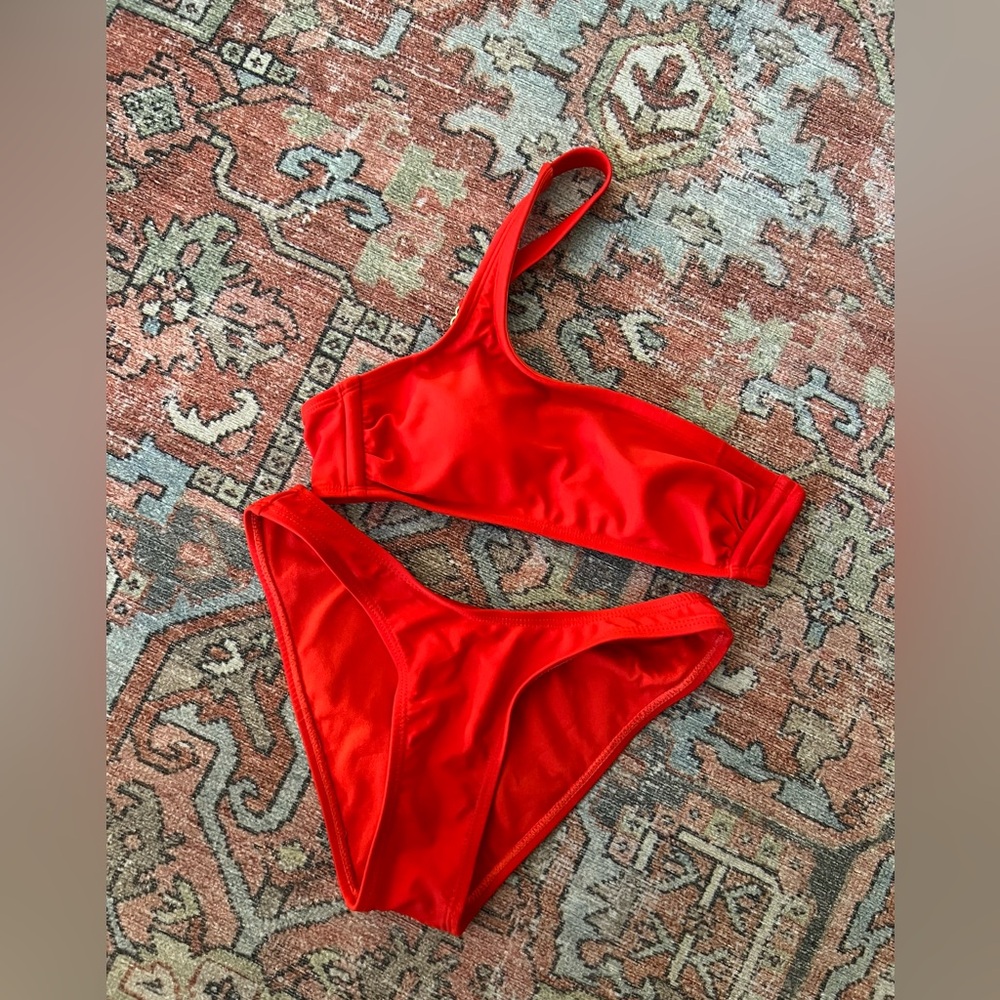 Red two piece one shoulder bikini set